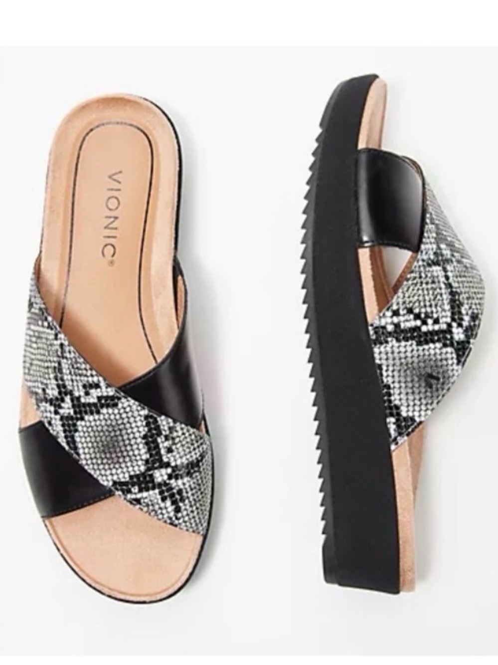 Vionic Black and Gray Snake-Print Crossband Platform Sandals | 9
